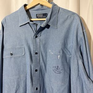 VTG Polo Ralph Lauren Dungaree Work Shirt Men's 2XL 100% Cotton Denim Solid Blue